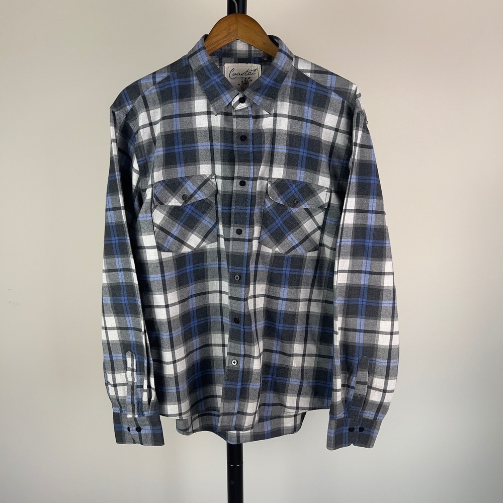 Coastal Mens XXL Plaid Flannel Button Down Shirt Blue Grey White Long Sleeve